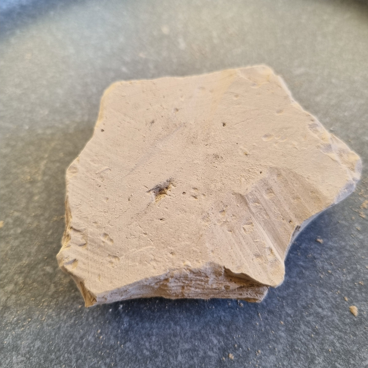 Flat beige Turkestan Plitki clay slab with a layered broken edge on a dark surface