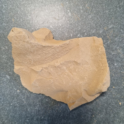eige Turkestan Slivki clay piece with irregular edges and visible fracture surfaces on a dark background
